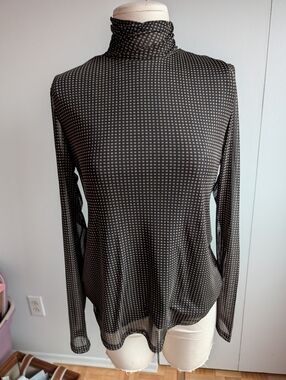 Sheer Black Polka-Grid Turtleneck Long Sleeve Top